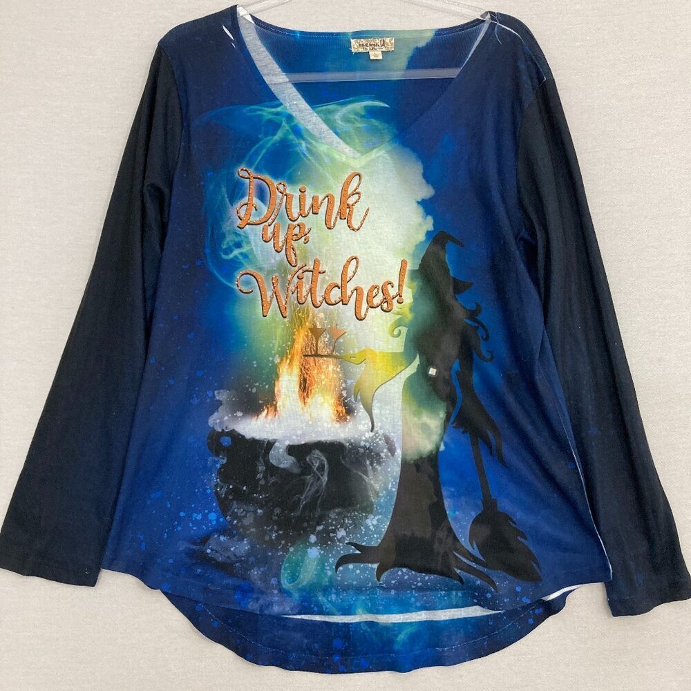 One World Blue Graphic Witchy V Neck Stretch Long Sleeve Large Festival